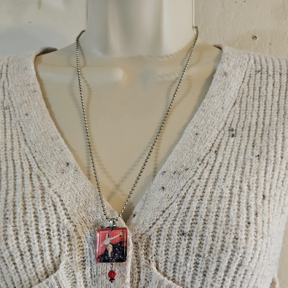 Hand Crafted vintage necklace handmade red & purple paper resin art ball chain